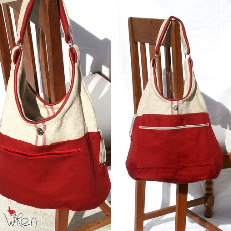 The Wren Design Antique Linen and Leather Bag red